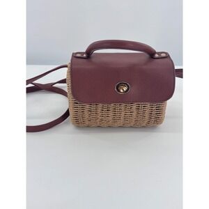 Primark‎ Woven Straw Wicker Crossbody Bag Purse Brown Faux Leather Trim Boho